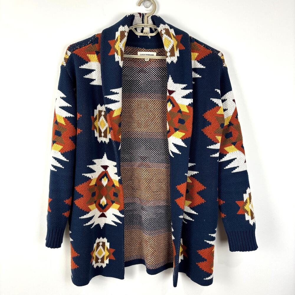 Lucky Brand Southwestern Sweater Coat Medium blue orange pockets